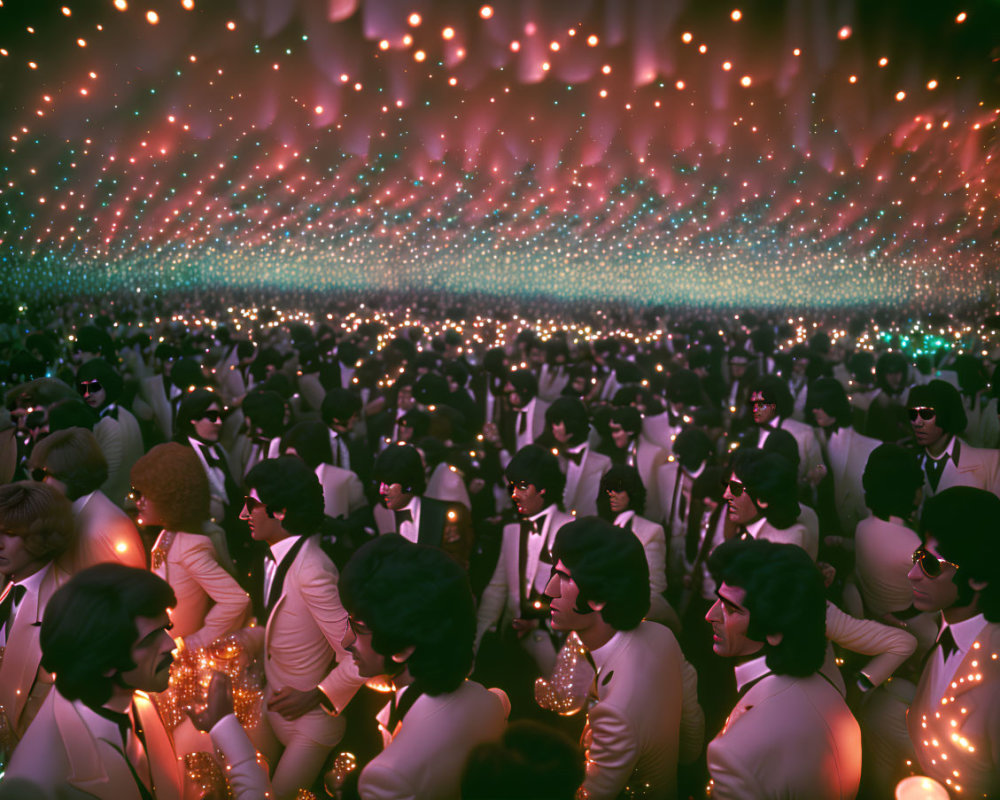 Crowded retro-style party with people in white suits under colorful bokeh lights