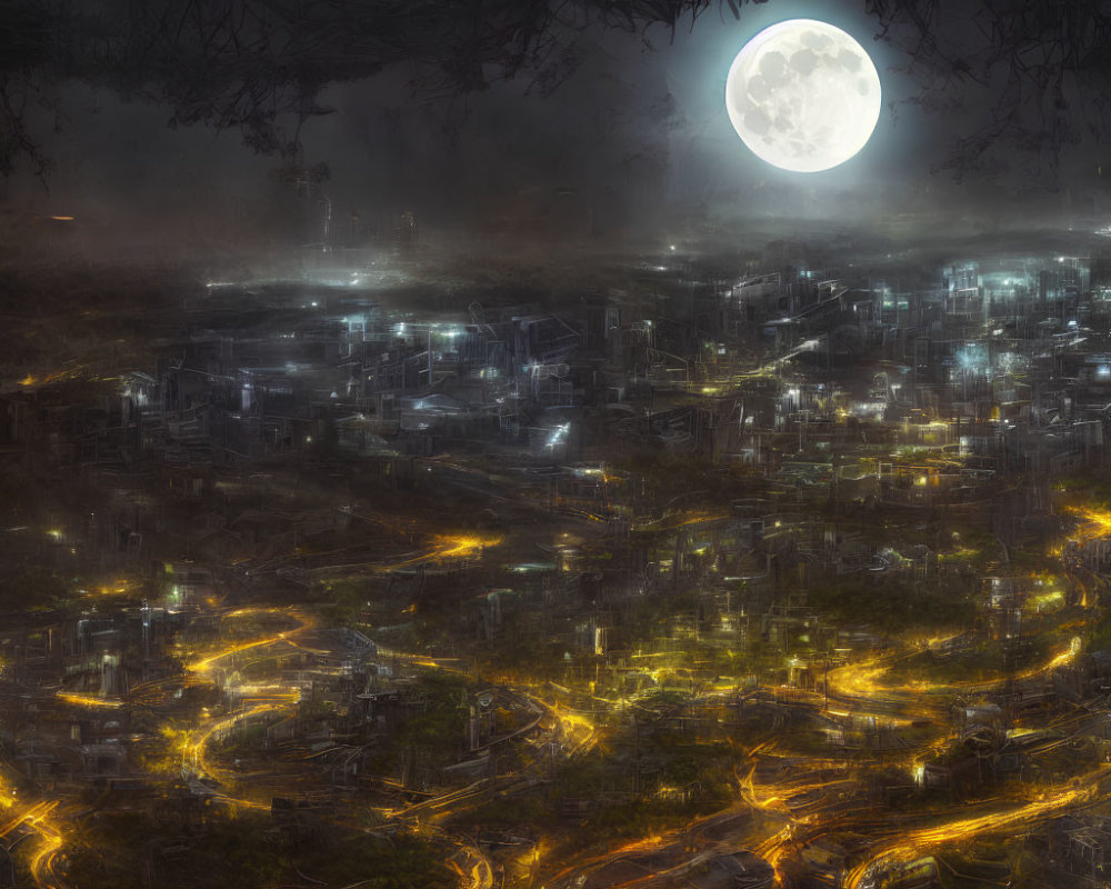 Luminous full moon over sprawling cityscape at night