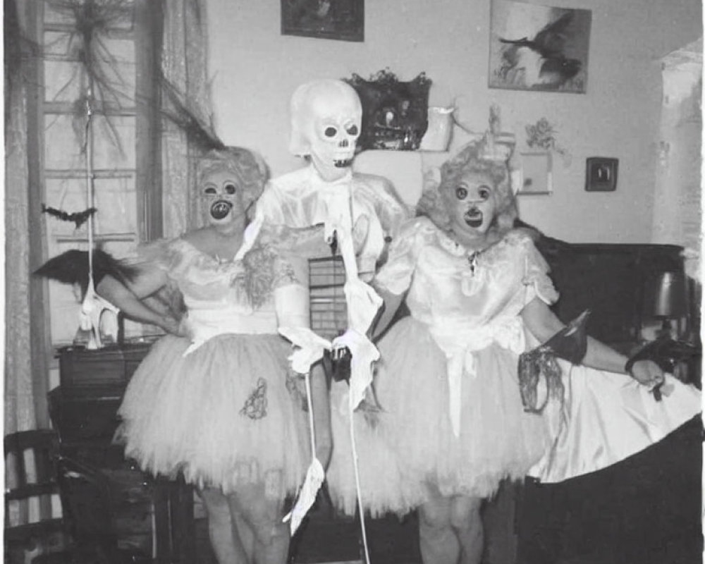 Vintage dresses and skull masks in Halloween-themed room.