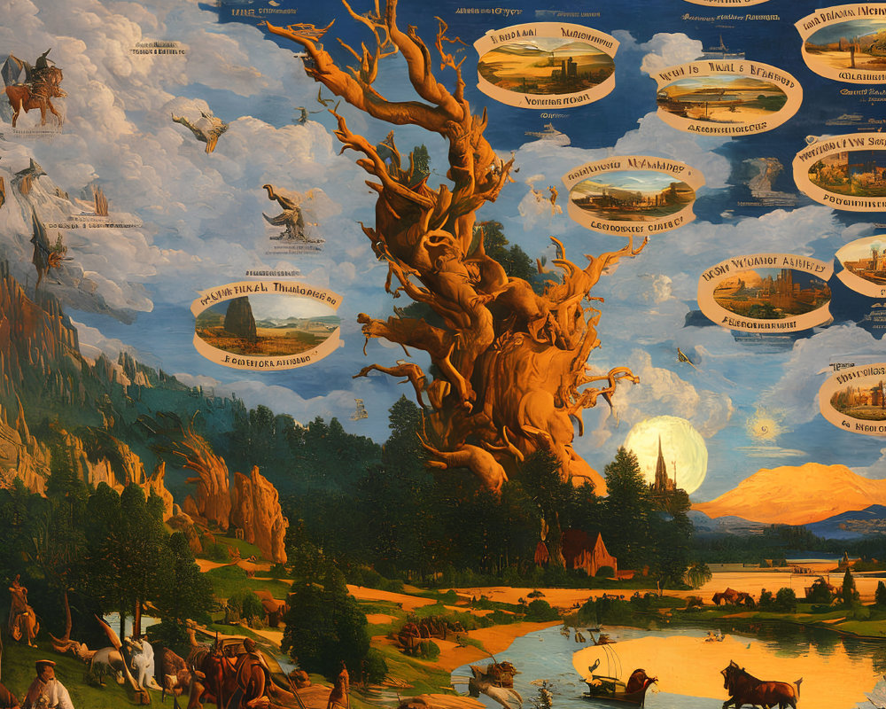 Detailed painting of nature and celestial motifs with large tree, moons, people, animals, landscapes