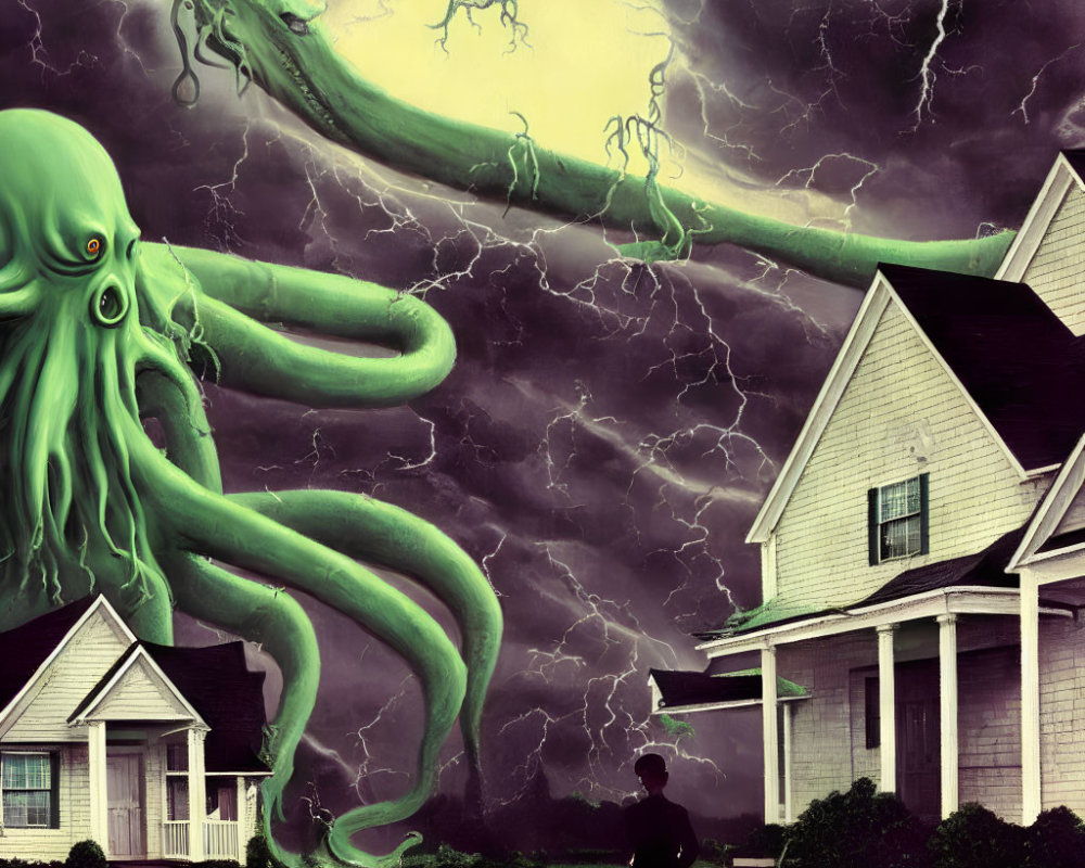 Enormous green tentacled octopus in stormy suburban scene