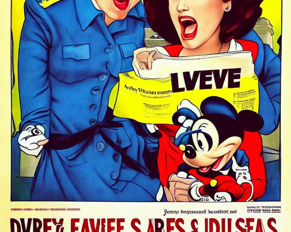 Vintage Poster: Two Women in Uniform and Mickey Mouse Reacting to Document