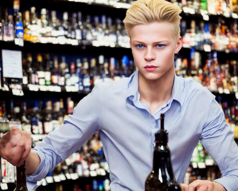 Blond young man in blue shirt at bar with liquor bottles.