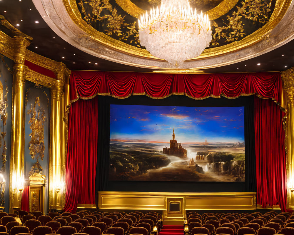 Opulent theater with red seats, gold detailing, grand chandelier, and castle scene.