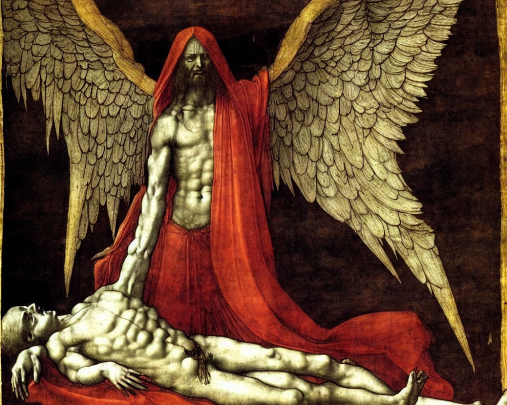 Angelic figure with large wings embracing lifeless body in red cloak