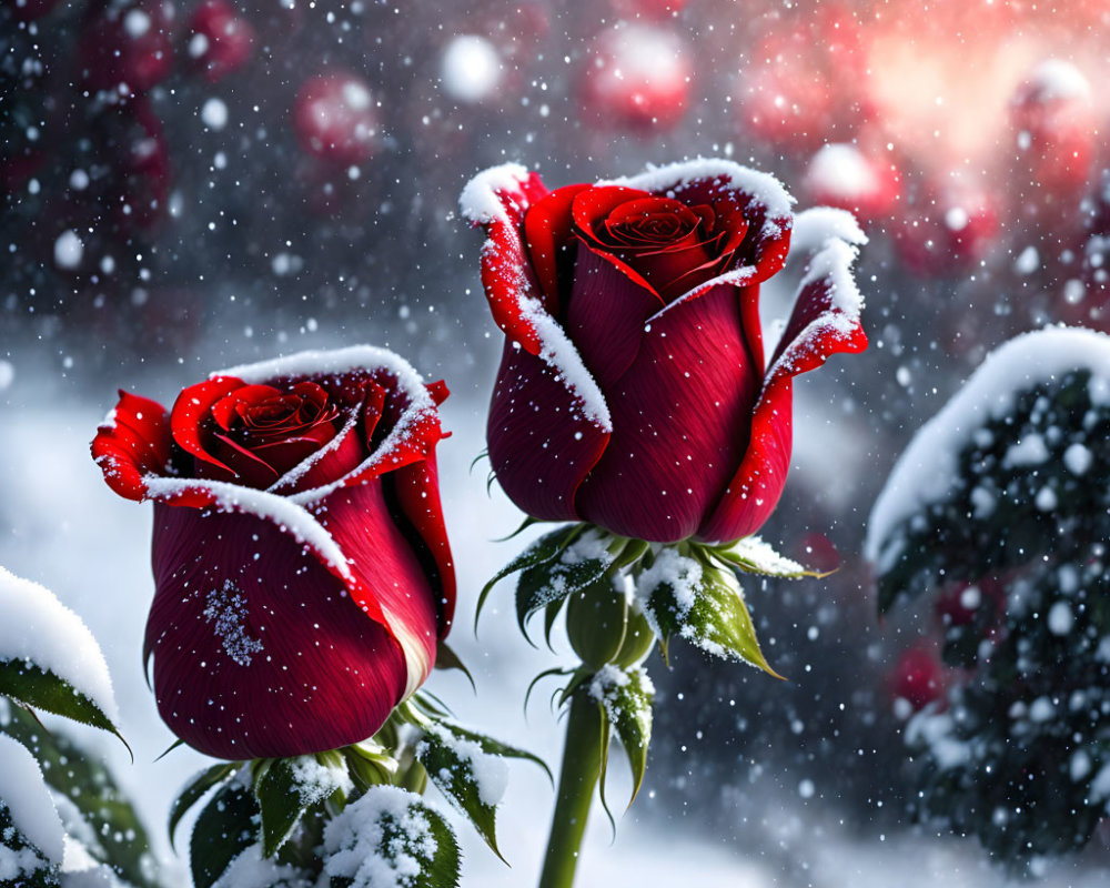 Red roses with snow on petals in snowy scene