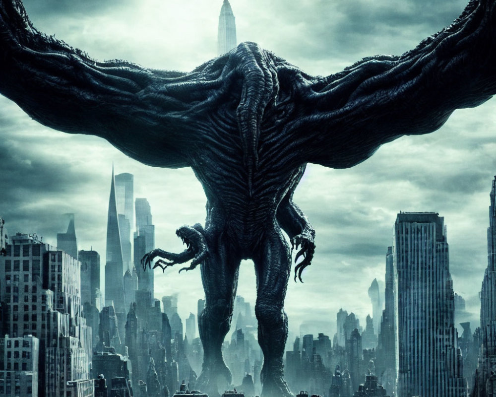 Giant winged creature over dark cityscape with skyscrapers