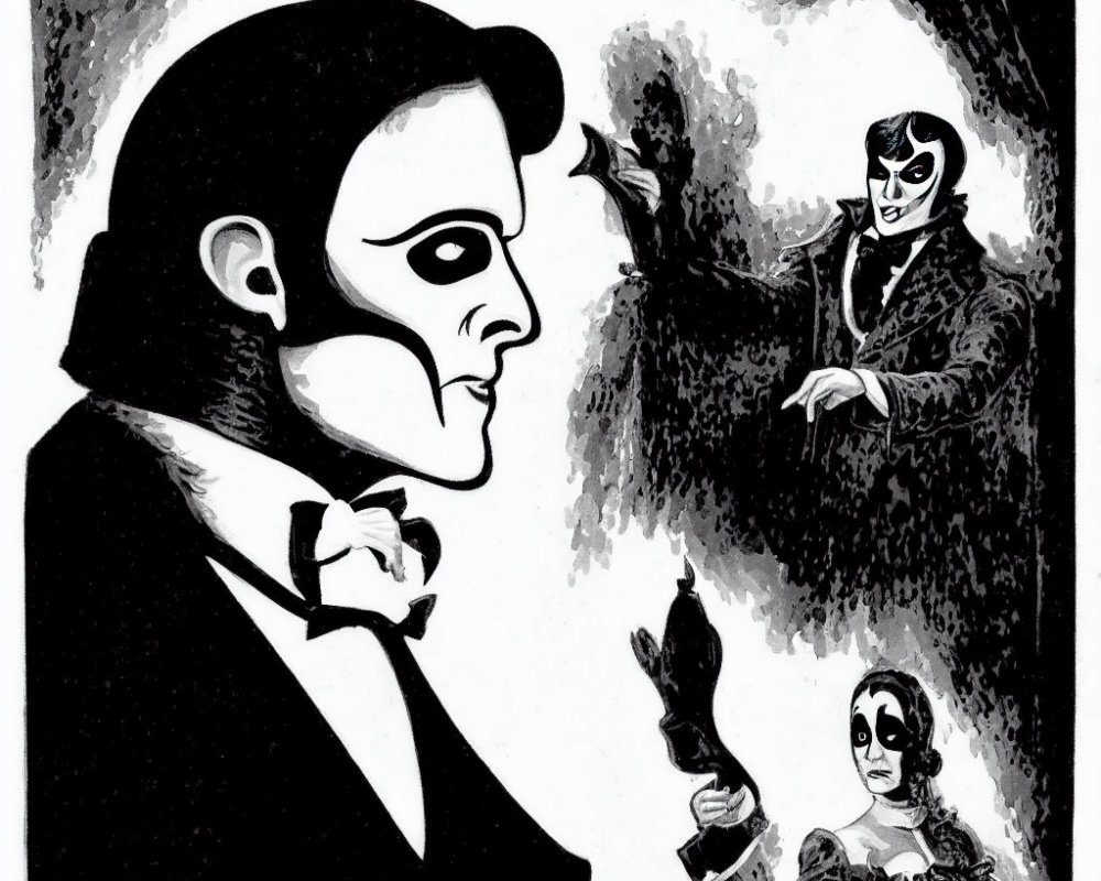 Monochrome theatrical illustration of Phantom adjusting mask with ghostly figures