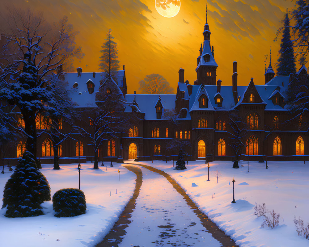 Snowy evening scene: castle-like building under full moon with illuminated windows.