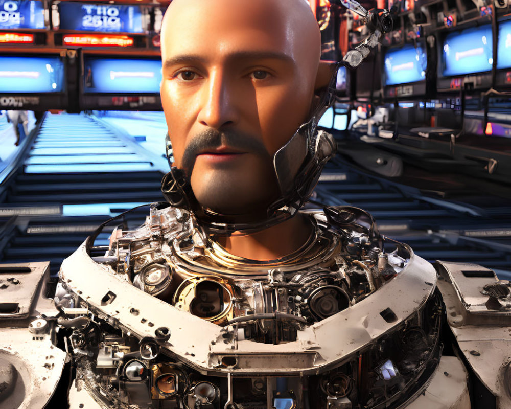 Humanoid Robot with Lifelike Face and Exposed Mechanical Neck and Shoulders Amid Digital Displays