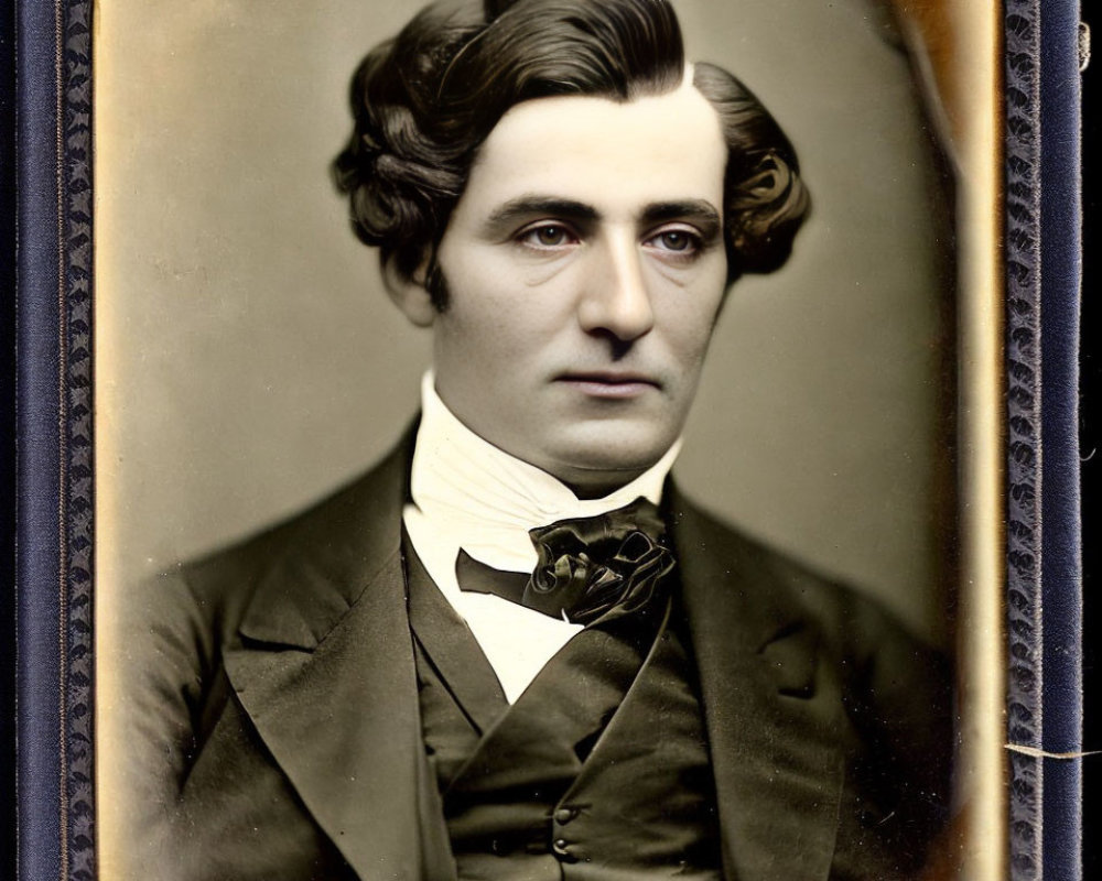 Vintage Portrait of Man with Wavy Hair in Dark Coat and Bowtie