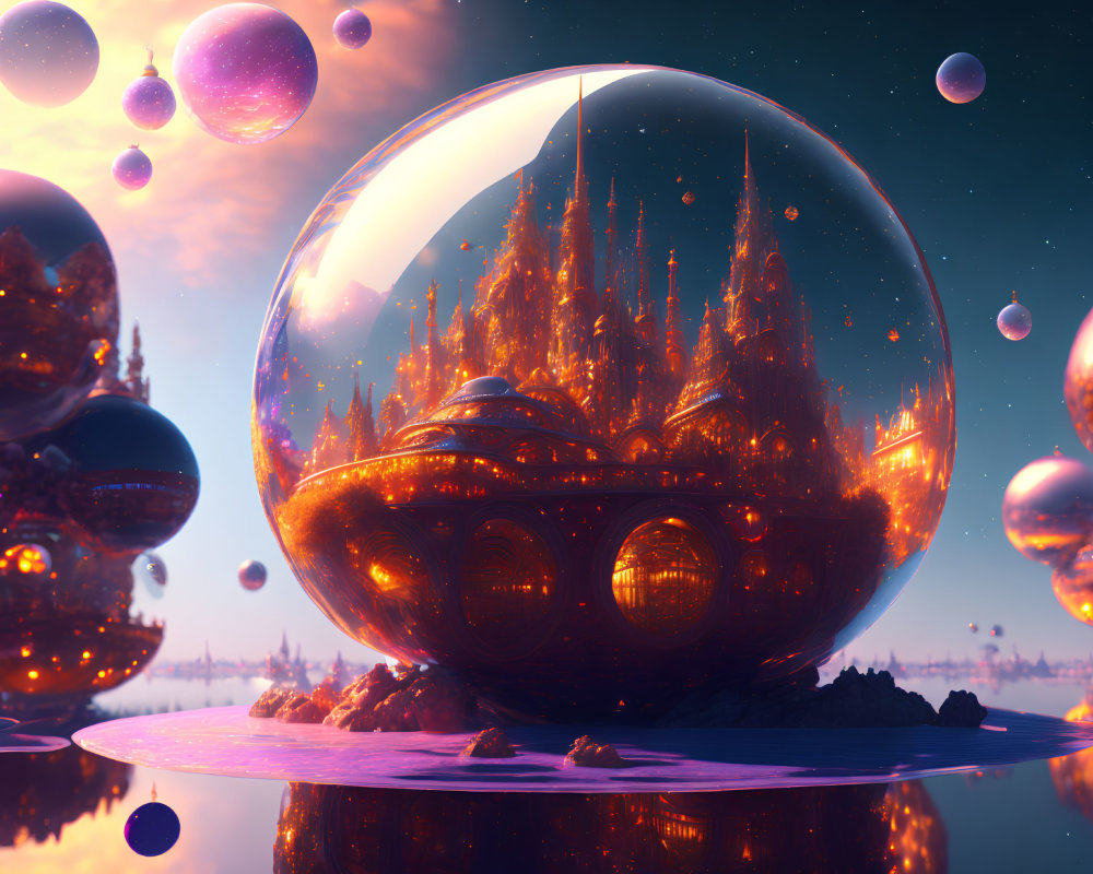 Transparent sphere encapsulates futuristic city with floating smaller spheres in dusky sky