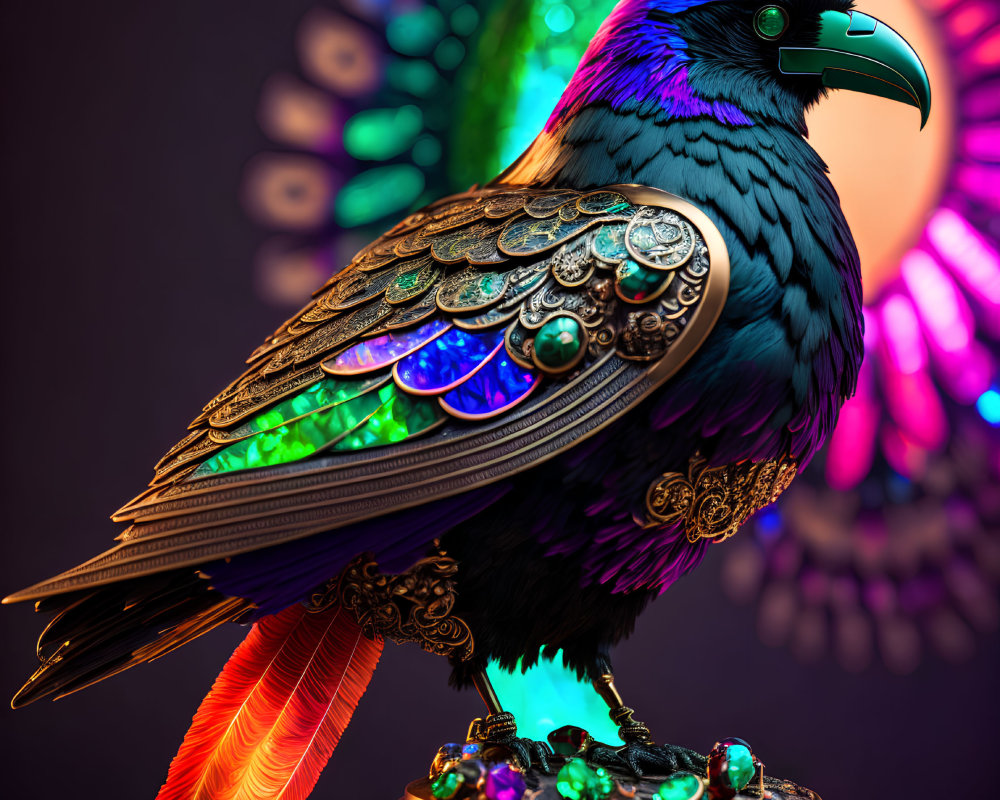 Colorful CGI-rendered raven on ornate base with iridescent feathers