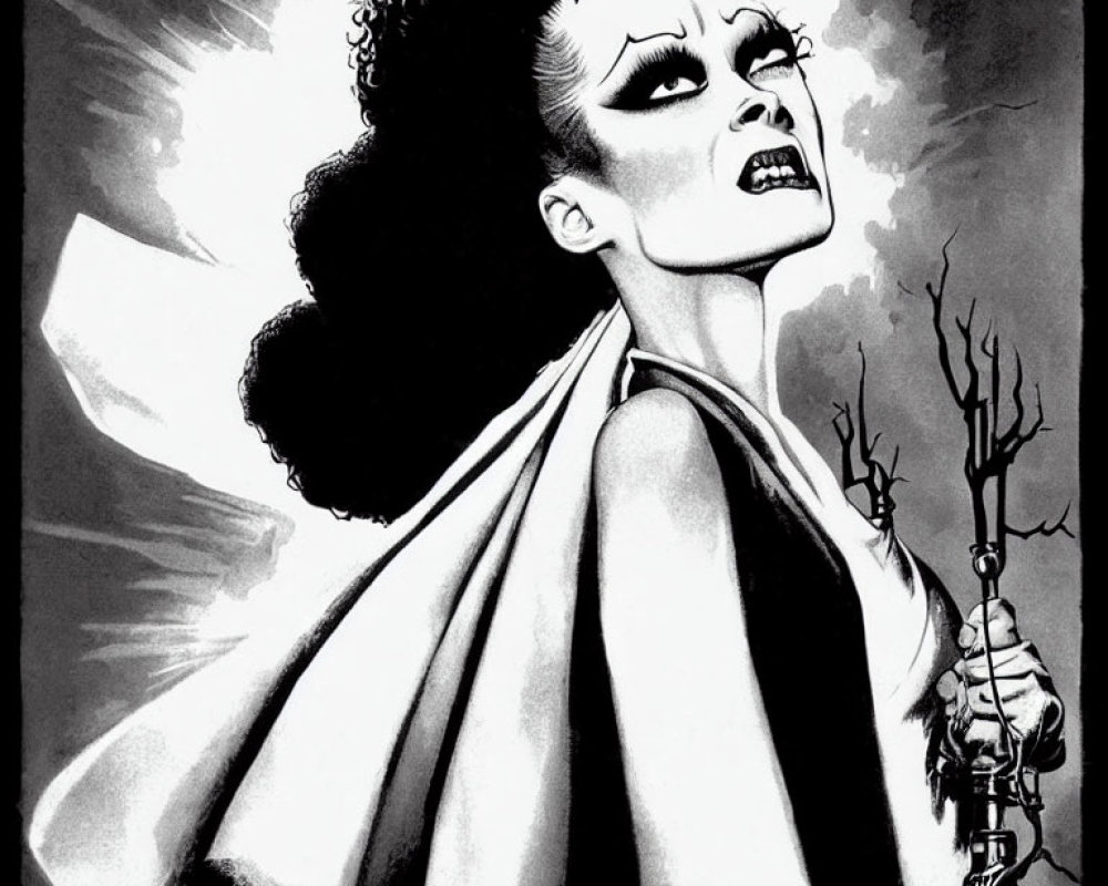 Monochrome illustration of a fierce woman with dramatic makeup, curly hair, cape, and candlestick.