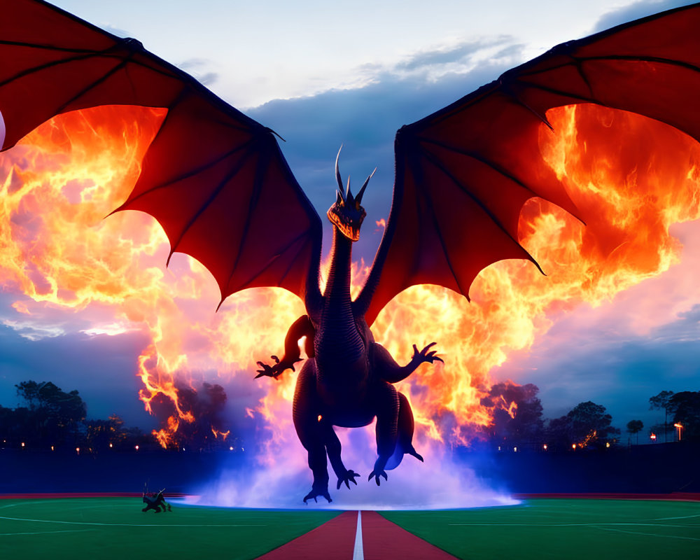 Fiery dragon with outstretched wings on sports field at dusk