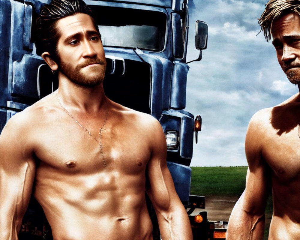 Twin muscular men posing by blue truck under cloudy sky