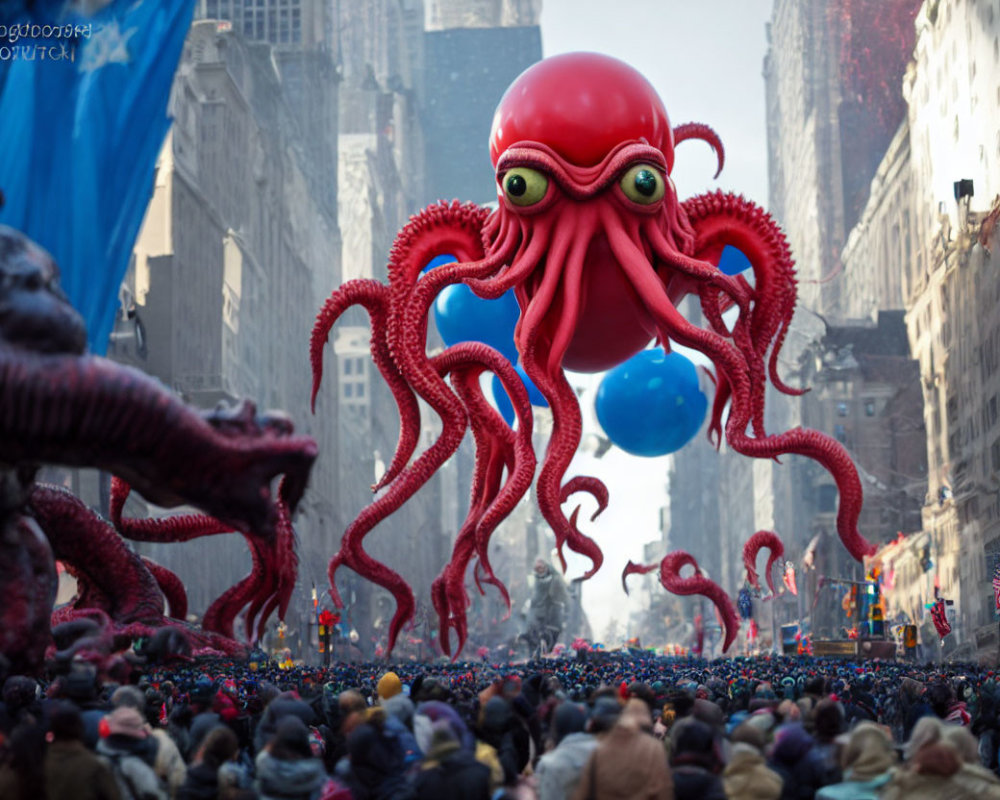 Giant red octopus balloon floats over festive street crowd