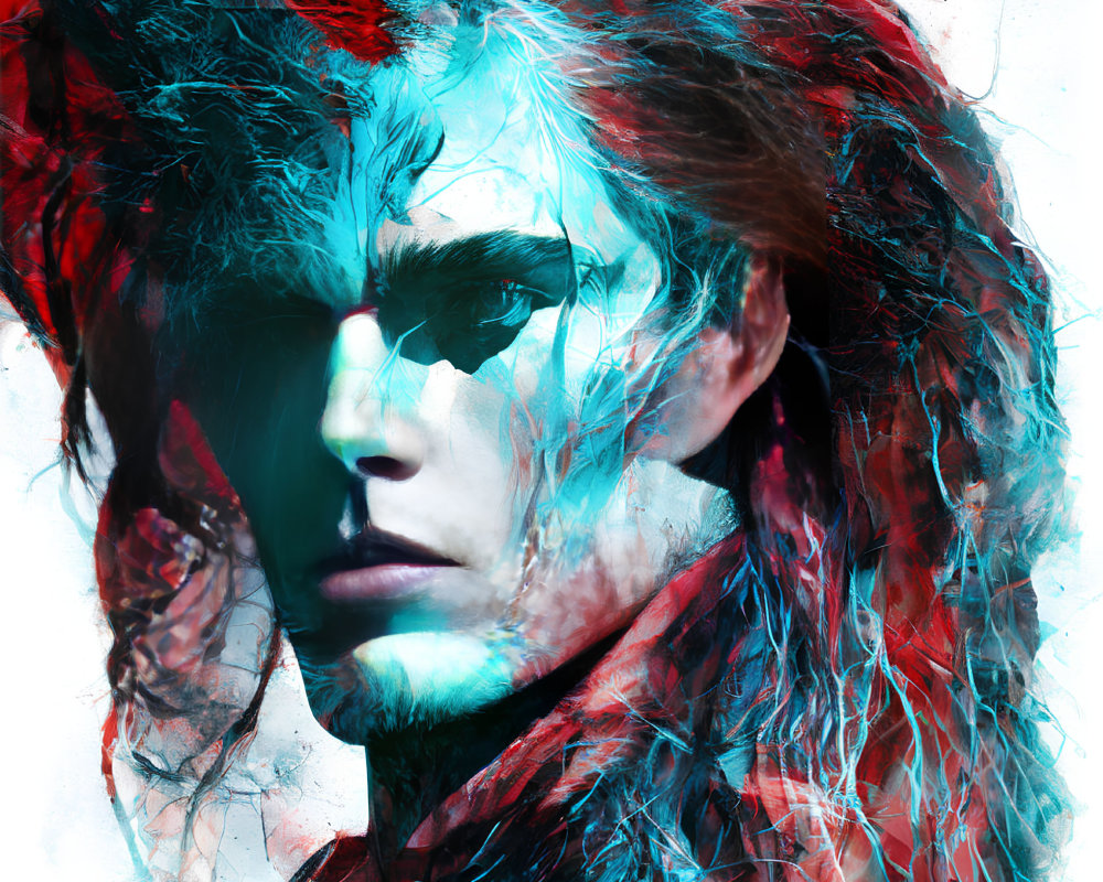 Vivid red and blue artistic portrait with intense eyes and feather-like textures