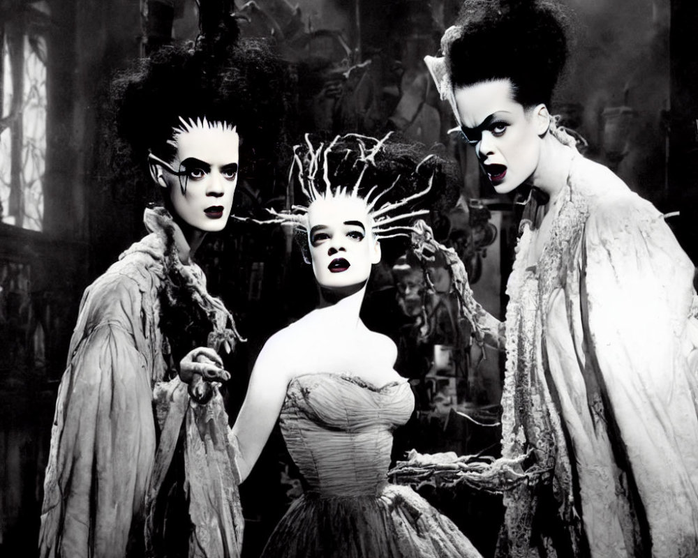 Three Women in Elaborate Gothic Makeup and Vintage Clothing in Spooky Room