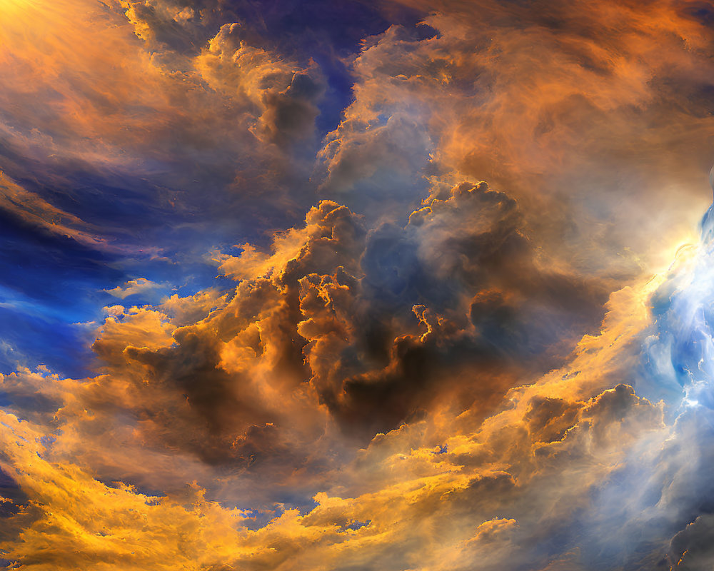 Dramatic swirling clouds in orange, blue, and golden hues