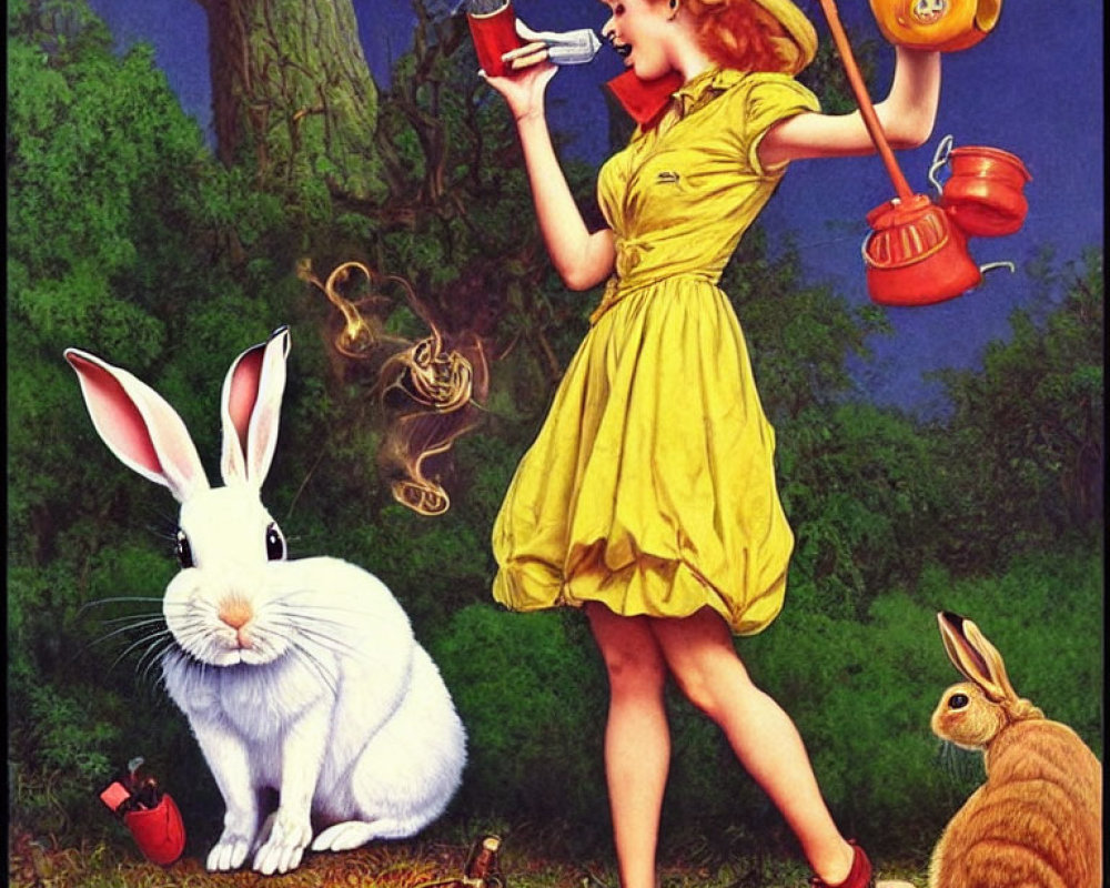 Illustration of girl with teapot, cup, rabbits, teacups, and clock