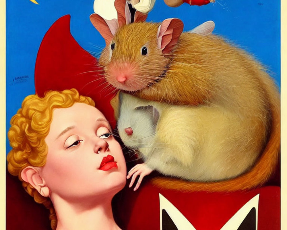 Vintage-style illustration of woman with red hat and rat, surrounded by cartoonish characters.