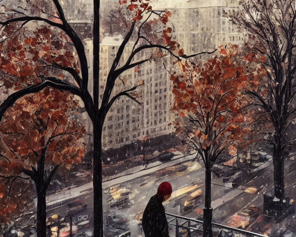 Person in red hat overlooking snowy cityscape with autumn trees.