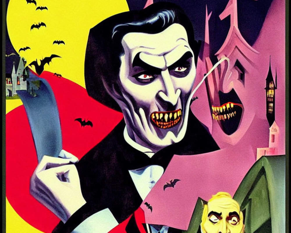 Vibrant vampire artwork with bats, skull, and scared man.