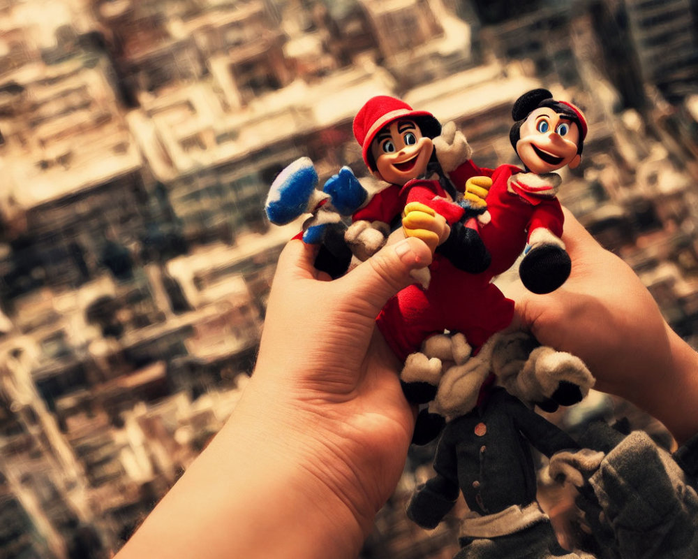 Plush Mario and Luigi toys against cityscape backdrop