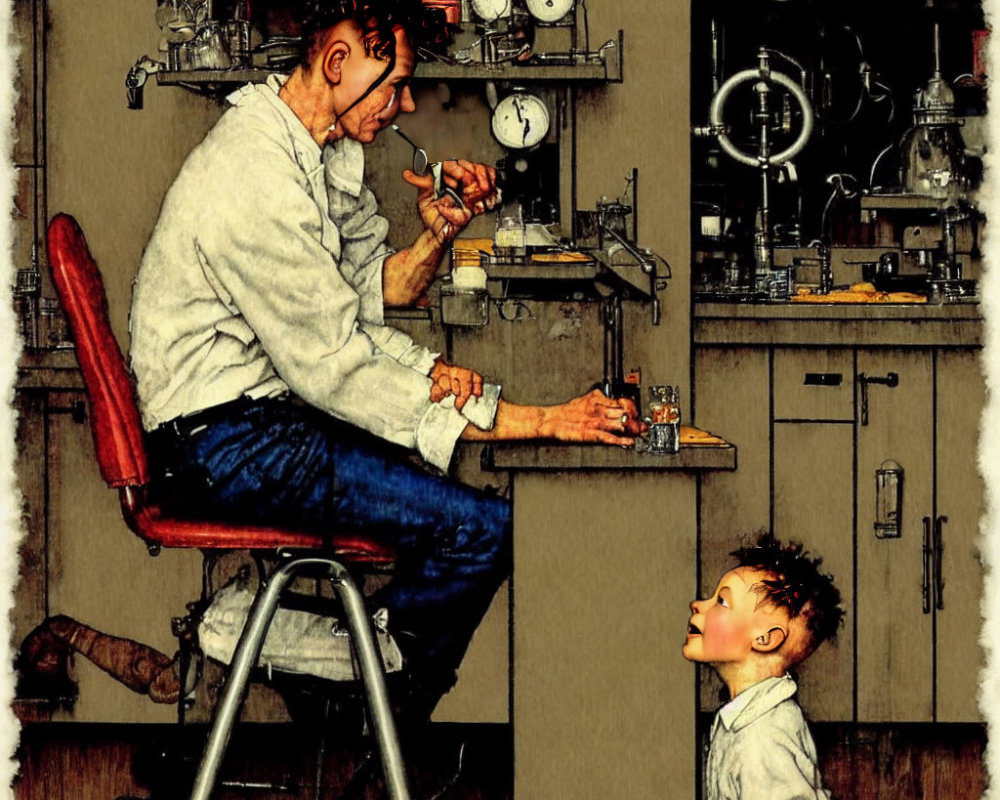 Adult and child in vintage laboratory setting, adult working on apparatus while child observes.