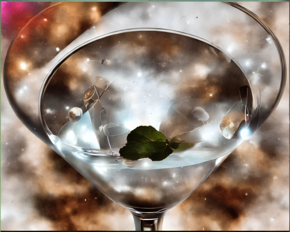 Cosmic-themed martini glass with mint leaf and swirling galaxy patterns