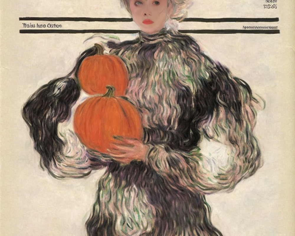 Impressionist painting of woman with pumpkins and Cyrillic text