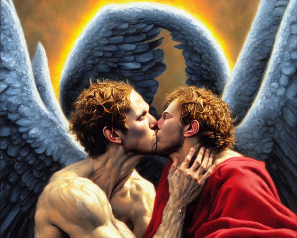 Angels with large wings and halo kissing in embrace on soft background