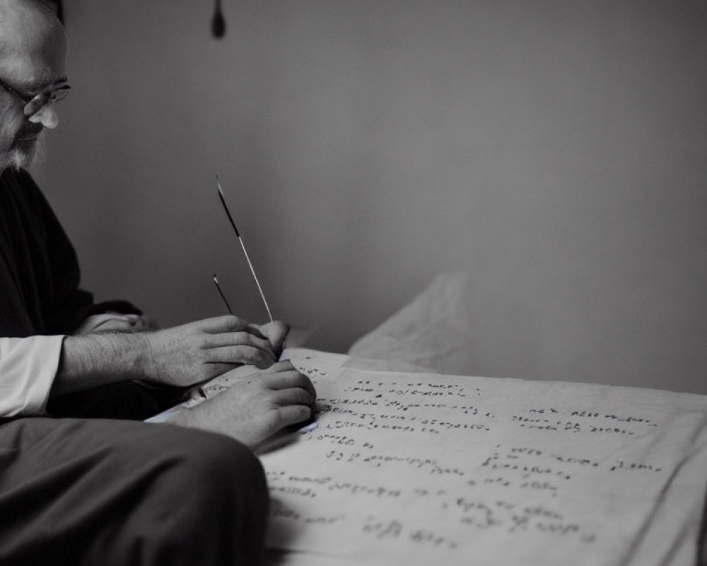 Seated person writing with quill on large paper sheet