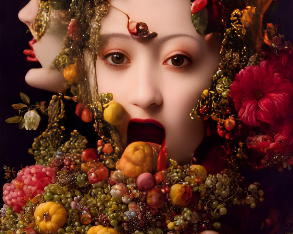 Person with fruits, flowers, and mirror reflection in surreal portrait