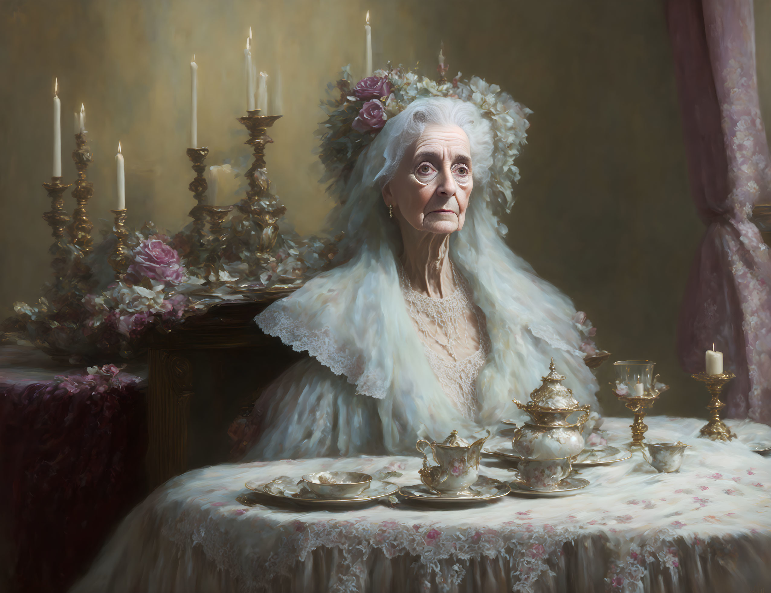 Elderly woman in vintage attire with lace and flowers sitting at elegant teatime table