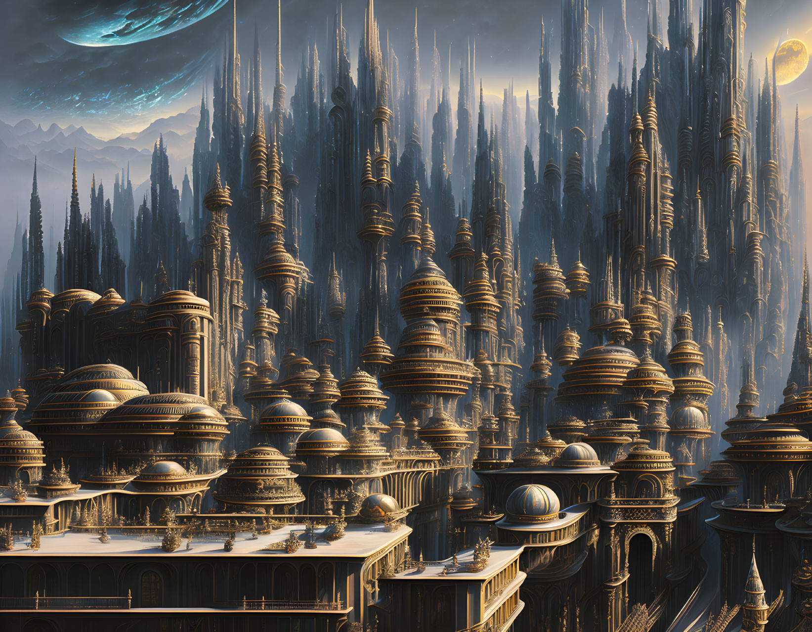 Fantasy cityscape with towering spires and domed buildings under golden light.