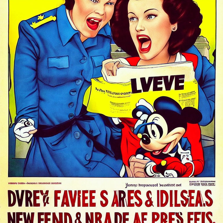 Vintage Poster: Two Women in Uniform and Mickey Mouse Reacting to Document