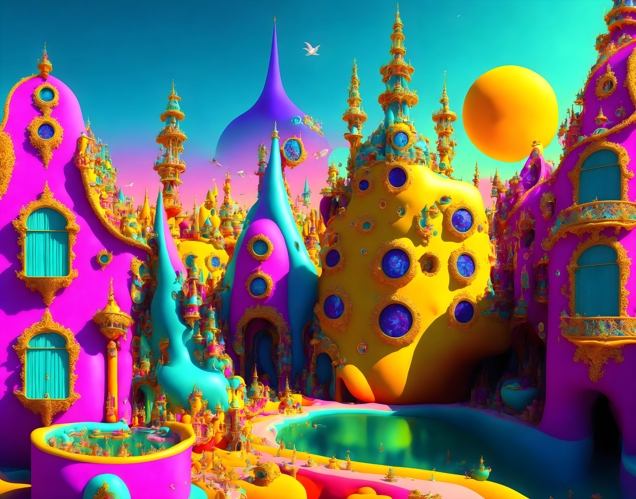 Colorful surreal landscape with whimsical architecture and celestial body