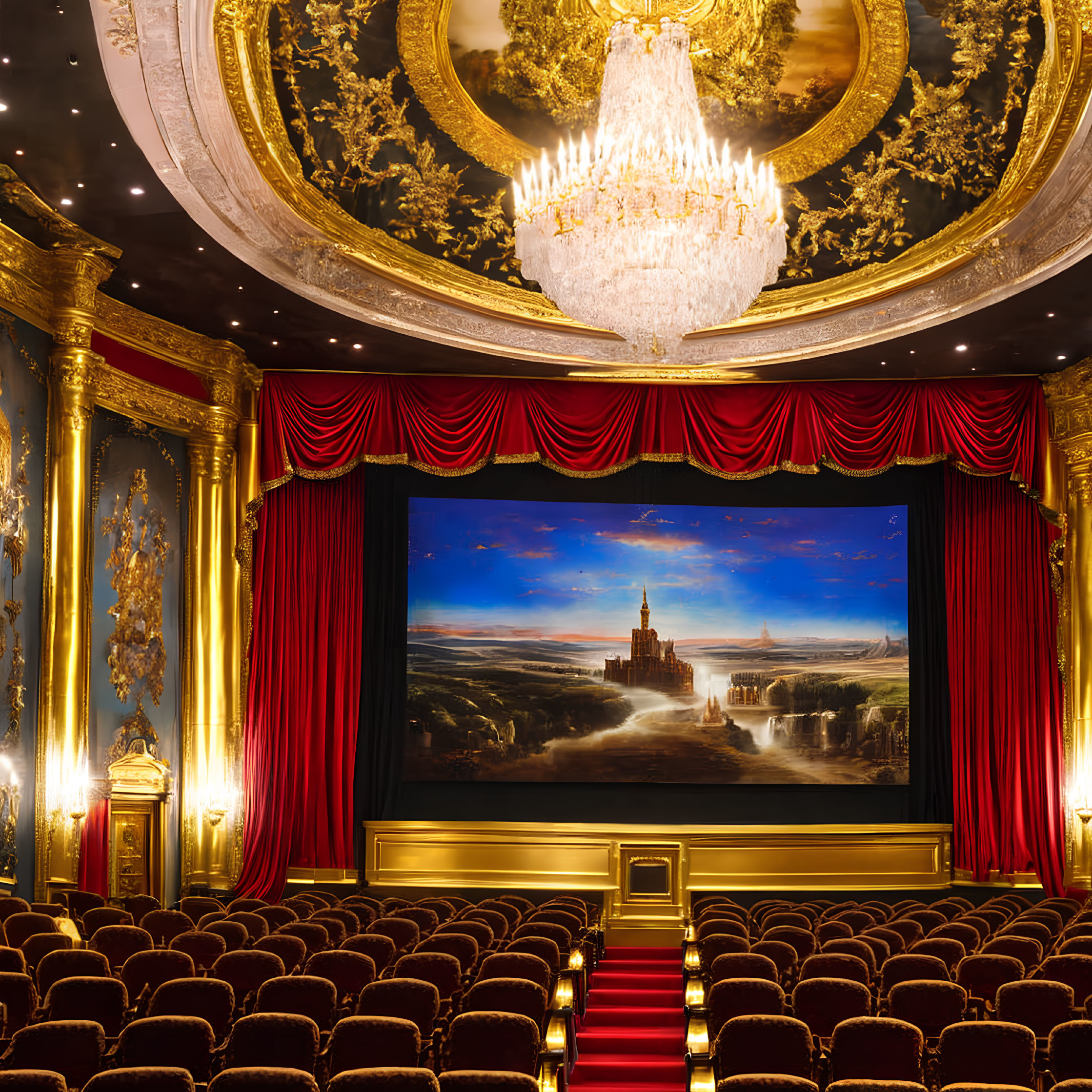 Opulent theater with red seats, gold detailing, grand chandelier, and castle scene.