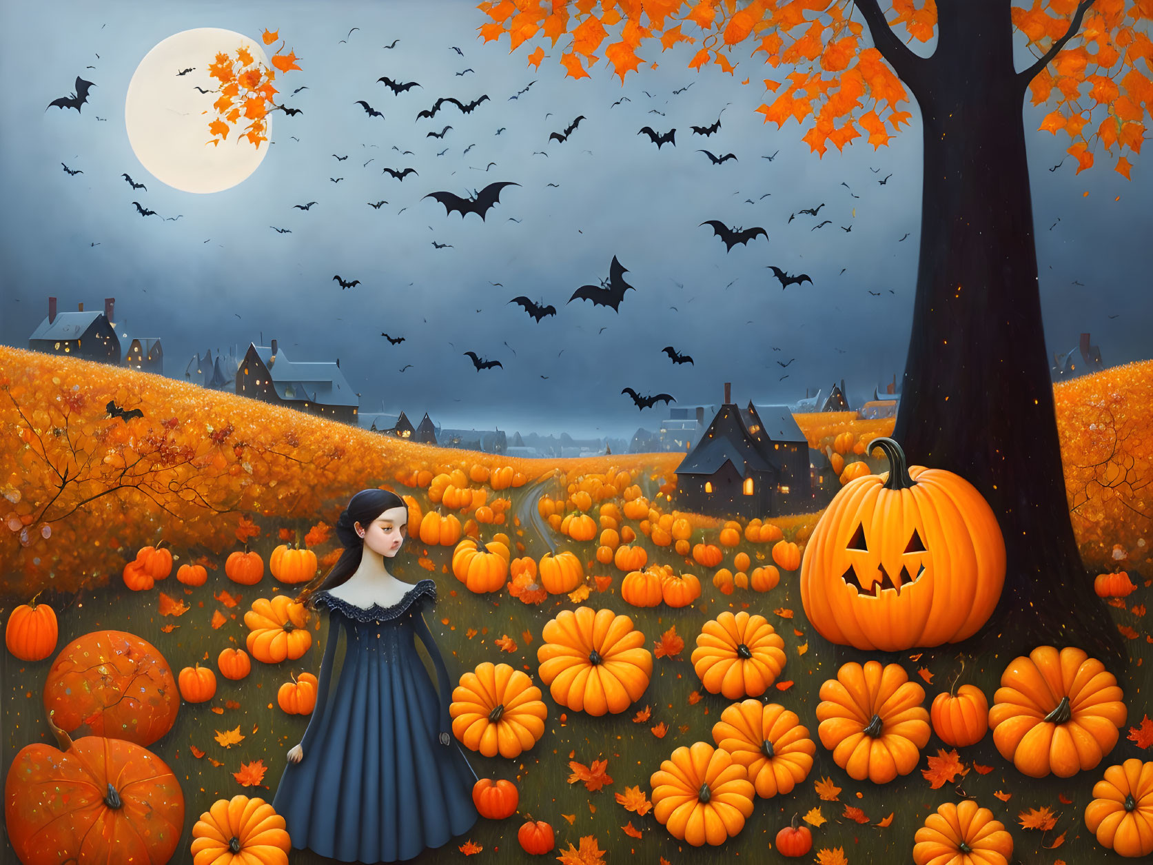 Woman in Blue Dress in Pumpkin Field Under Full Moon