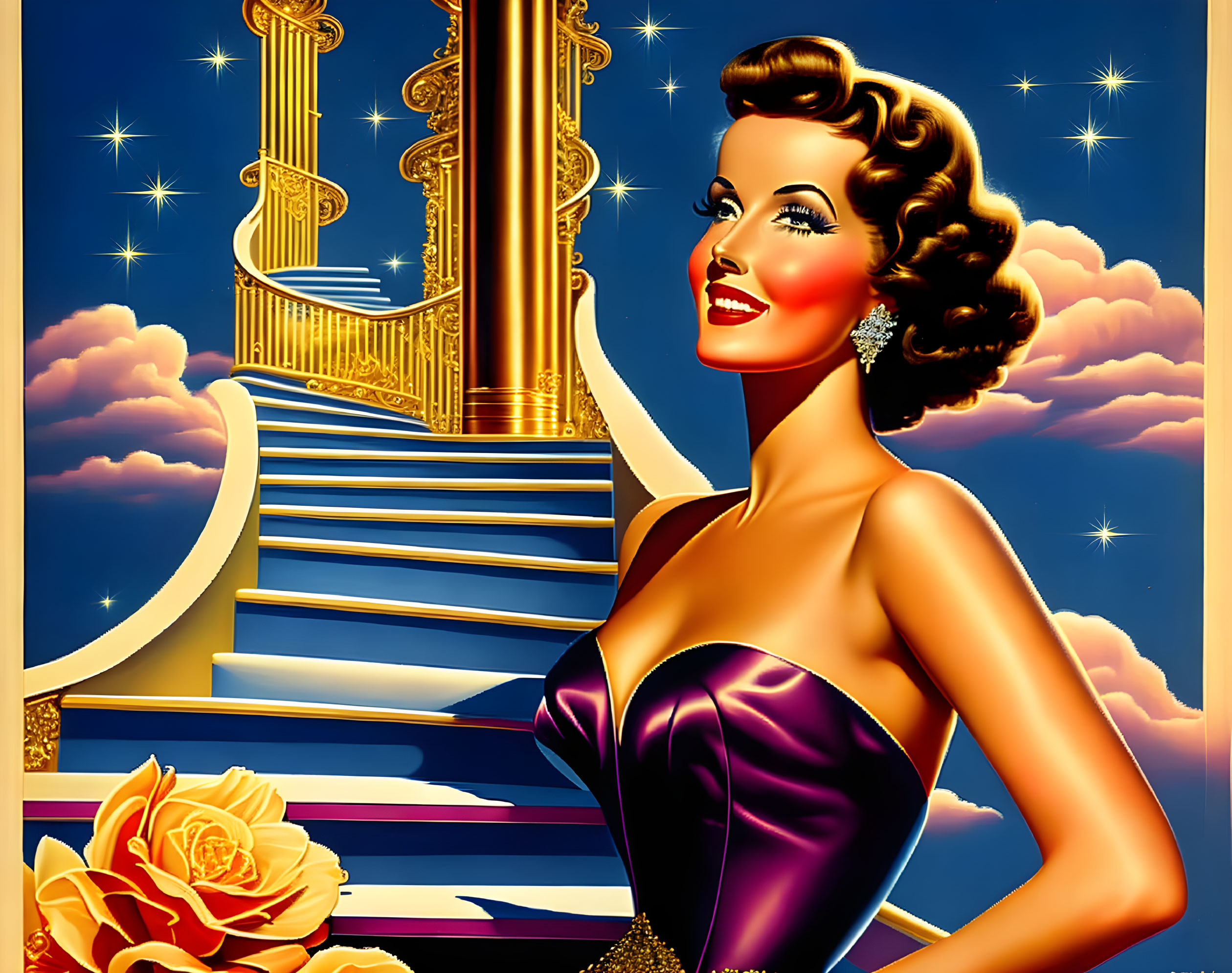 Vintage-style illustration of glamorous woman in purple dress with grand staircase, harp, and twinkling stars