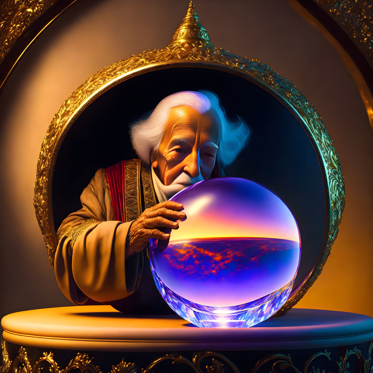 Elderly fortune teller gazes into glowing crystal ball amid ornate golden decor