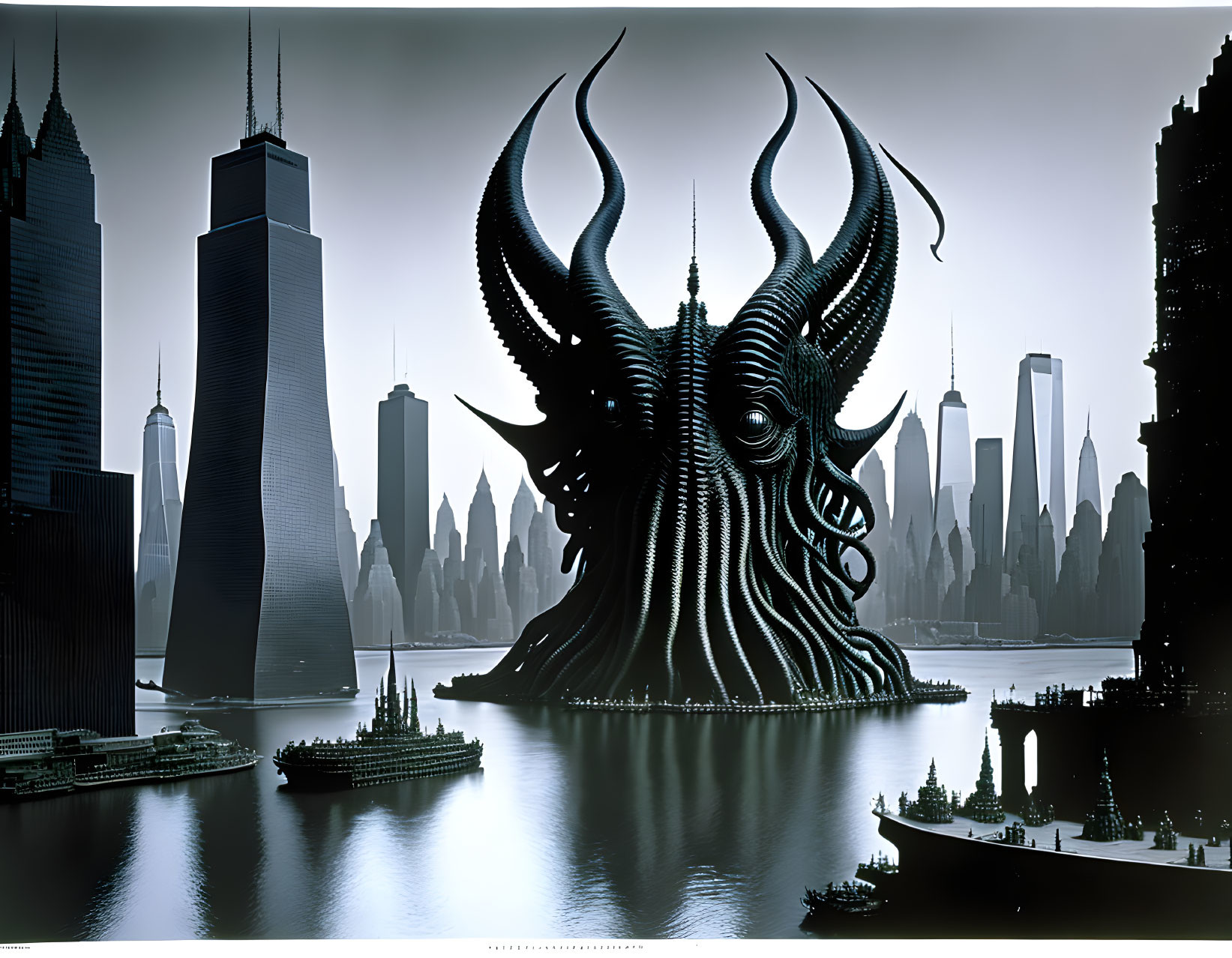 Giant fantastical creature with horns and tentacles overlooking stylized city skyline.