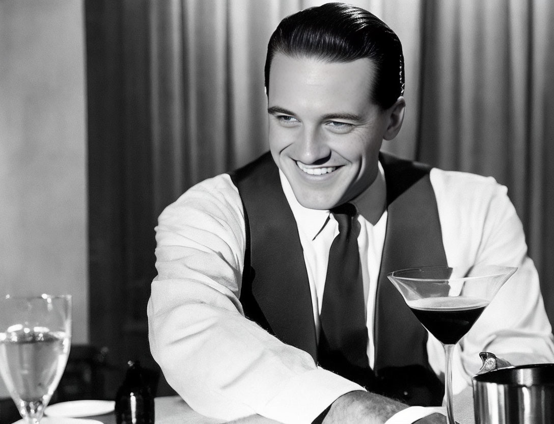 Monochrome photo of a smiling man in classic attire with a martini