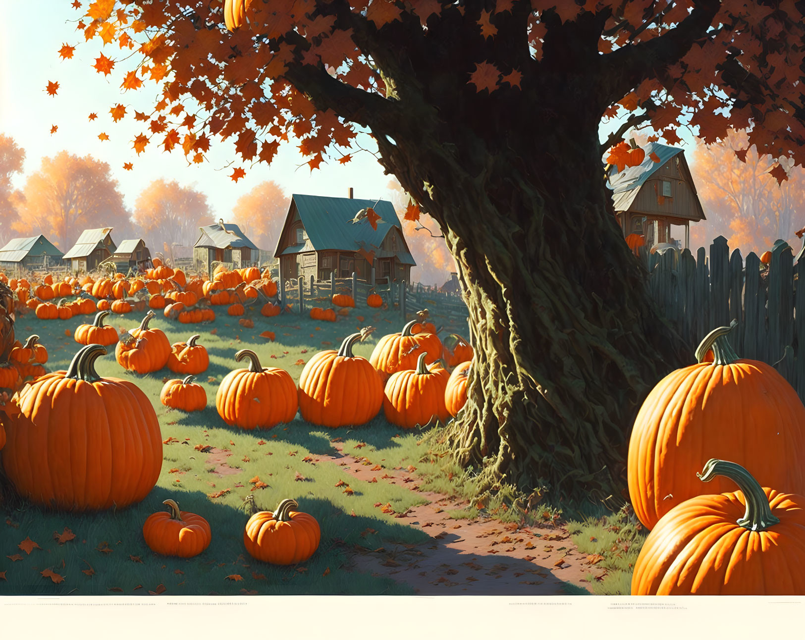 Rustic autumn landscape with large tree, pumpkins, and houses in warm light