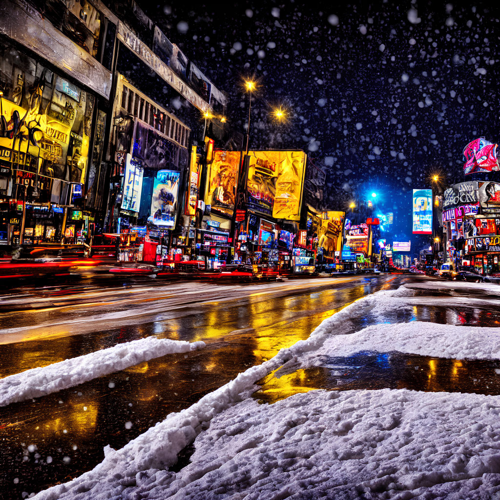 Nighttime city street with neon billboards, falling snow, and wet road reflections