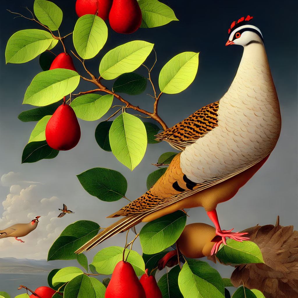 Stylized image of large bird with intricate feathers on branch with red pears & smaller birds in