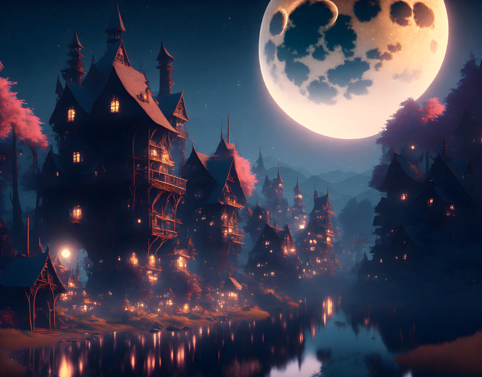 Enchanted village with glowing houses under large moon