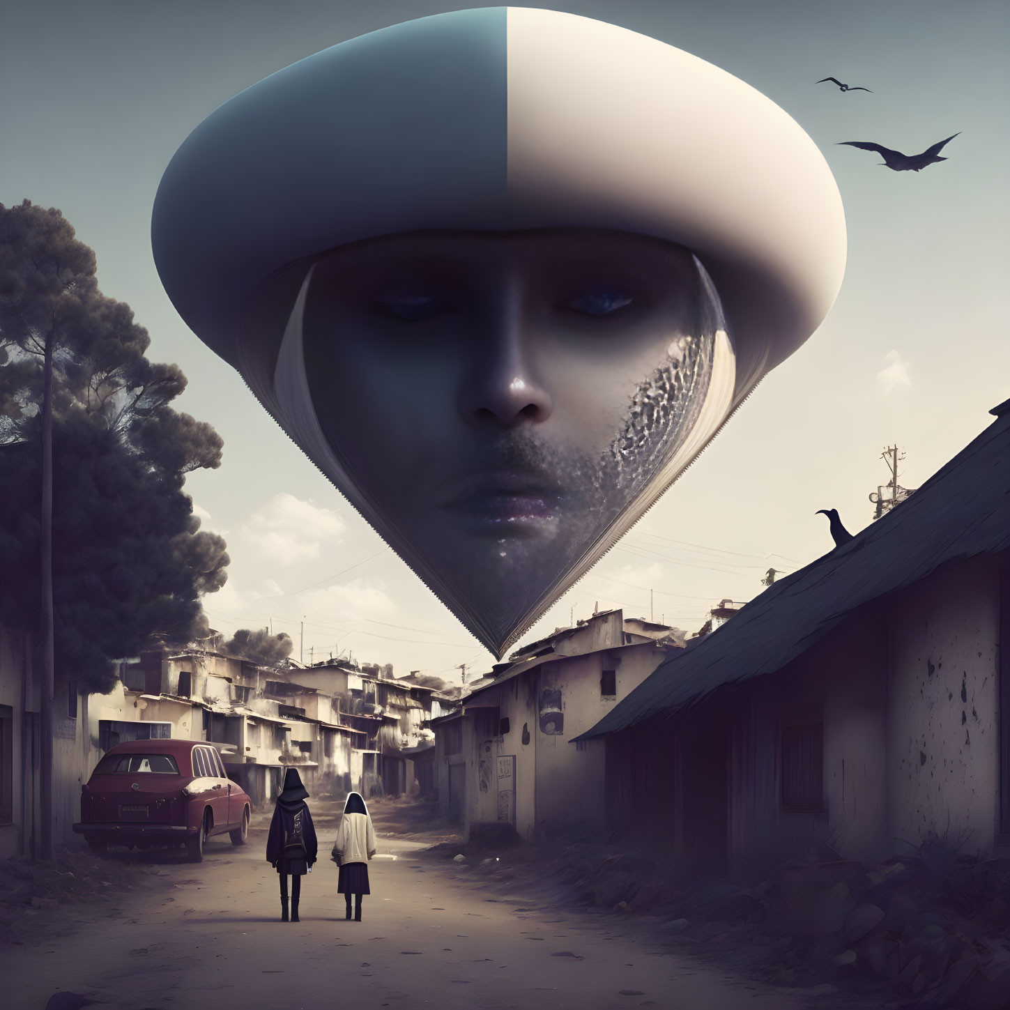 Surreal street scene with tearful face-shaped balloon and walking figures